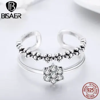 

BISAER Genuine 925 Sterling Silver Double Layers Adjustable Open Finger Rings for Women Fashion Jewelry HSR428
