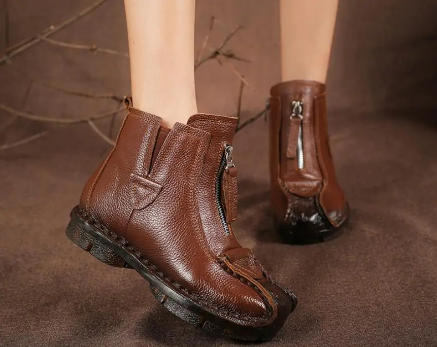brown thick Модные элегантные модные туфли-лодочки из натуральной кожи на высоком каблуке зимние мягкие и удобные женские ботинки на танкетке - Цвет: brown thick