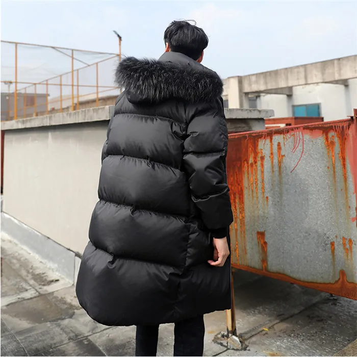Мужская белая куртка-пуховик средней длины, черное пальто, большой меховой воротник, Толстая теплая пуховая верхняя одежда, мужская куртка большого размера JIA444
