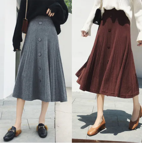 Элегантная вязанная шерстяная юбка vestidos, Осень-зима, трапециевидная плиссированная юбка, женская элегантная винтажная Однотонная юбка с высокой талией, fw663