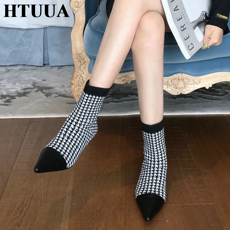 HTUUA/растягивающиеся вязаные сапоги-носки; женские низкие ботильоны с острым носком без застежки; женская обувь; сезон осень-зима; SX3572