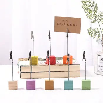 

2pcs Colorful Wooden Cube Memo Clip Card Holder Iron Photo Holder Postcard Clip Desktop Ornaments Cute Office Desk Organizer