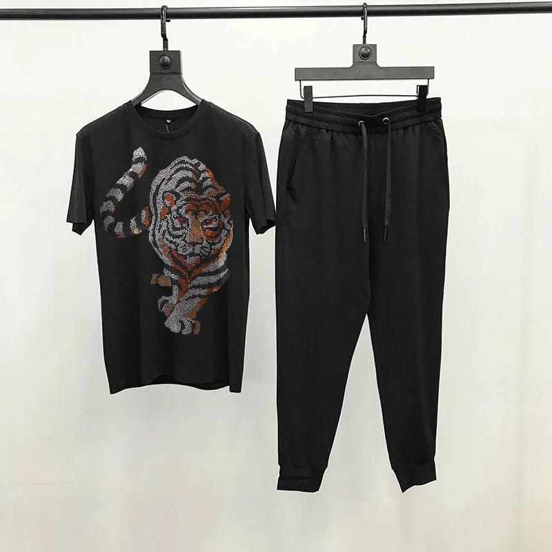 Summer Hip-Hop Tiger Hot Diamond Shiny Black T-Shirt Breathable Fabric Men’s Sets Oversized Track Suit/Sweatshirt+Trousers