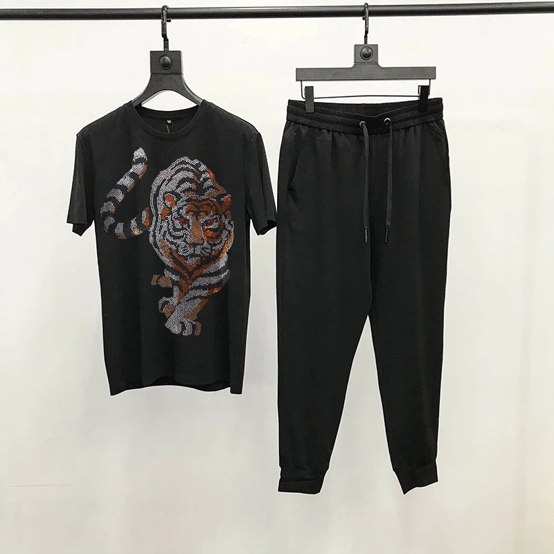 

Summer Hip-Hop Tiger Hot Diamond Shiny Black T-Shirt Breathable Fabric Men’s Sets Oversized Track Suit/Sweatshirt+Trousers