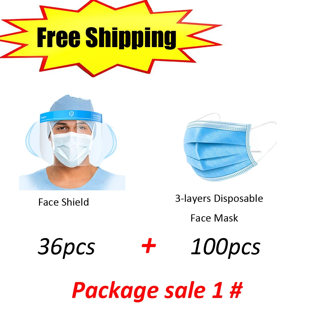 

FREE SHIPPING 3-layer Disposable Face Protective Mask+ Anti-fog, Hi-transparency PET Face Shield+Accurate Infred Thermometer kit