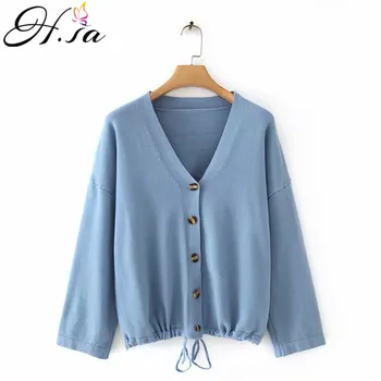 

H.SA 2019 Fall Fashion Women Sweater Cardigans V neck Button Up Candy Color Yellow Knit Jumpers Oversized Sweater Ponchoes