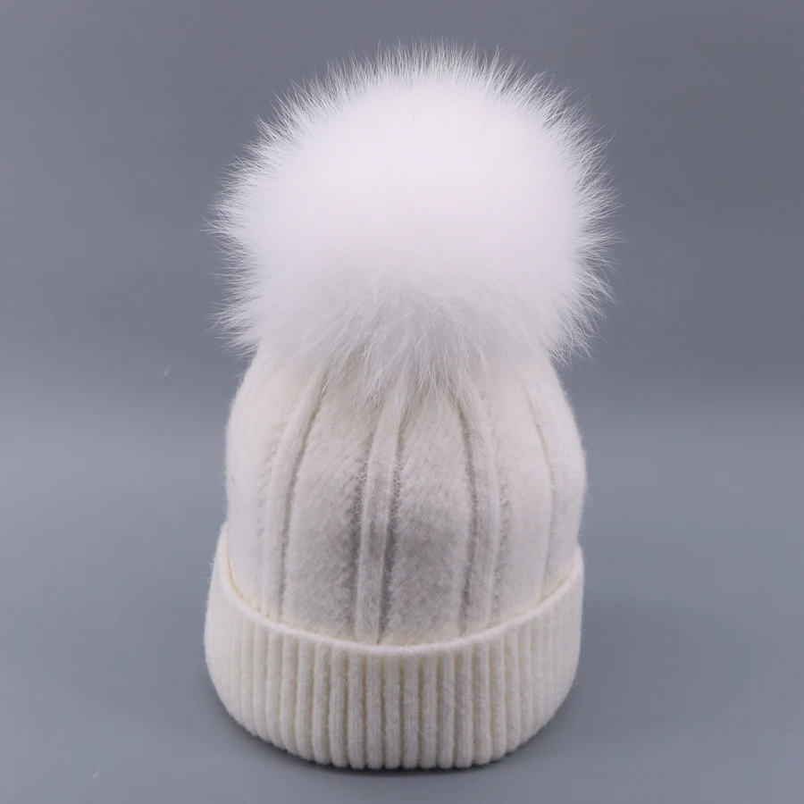 Зимняя женская вязаная шапка Skullies, Женская бини, шапка с настоящим помпон из лисьего меха, Роскошные плотные теплые уличные Лыжные шапки Gorro для девочек
