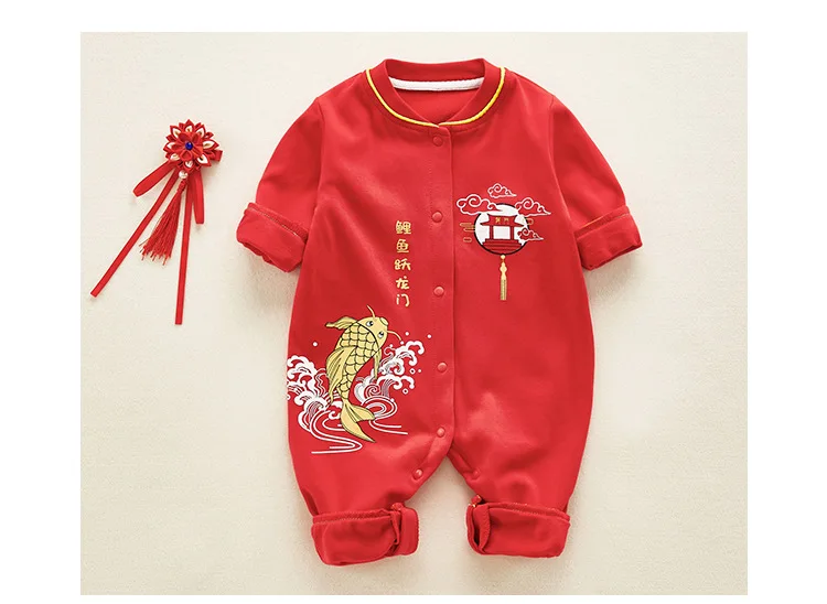Детские Рождественские Ползунки; комбинезоны для новорожденных; одежда в китайском стиле с длинными рукавами; красная одежда из хлопка; YZM010