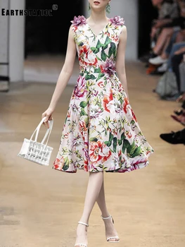 

Free shipping retro printing sleeveless V-neck applique high waist dress ladies summer new fashion big swing pettiskirt