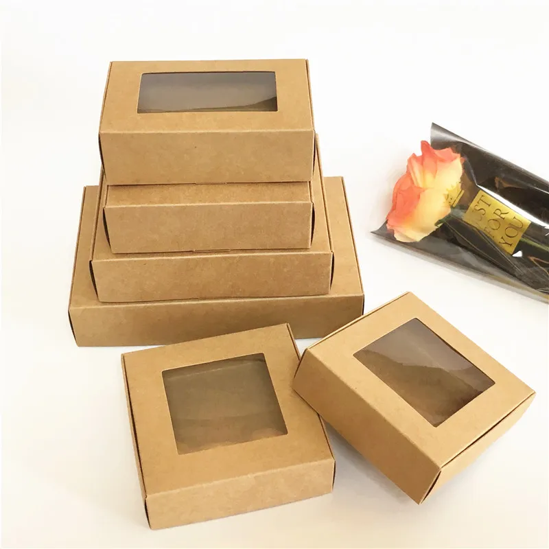 10pcslot 7.5x7.5x3cm Transparent PVC Window Soap Boxes Kraft Paper Box Gift Packaging Box For Gift Wedding Gift Box