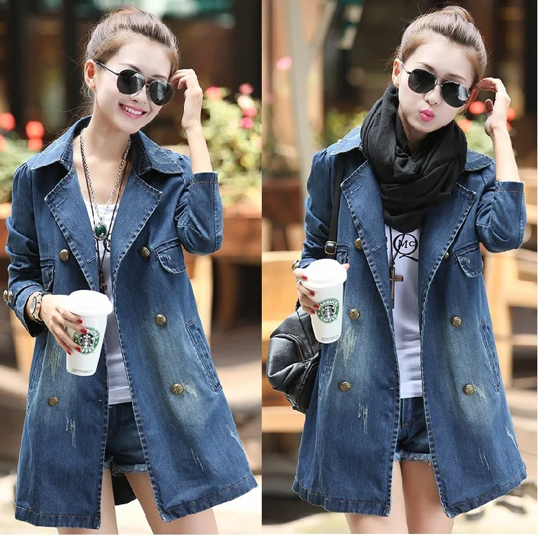 

2019 Autumn Clothing New Style Large Size WOMEN'S Dress Cowboy Coat Women's Mid-length Casual Double Breasted Denim Windbreaker