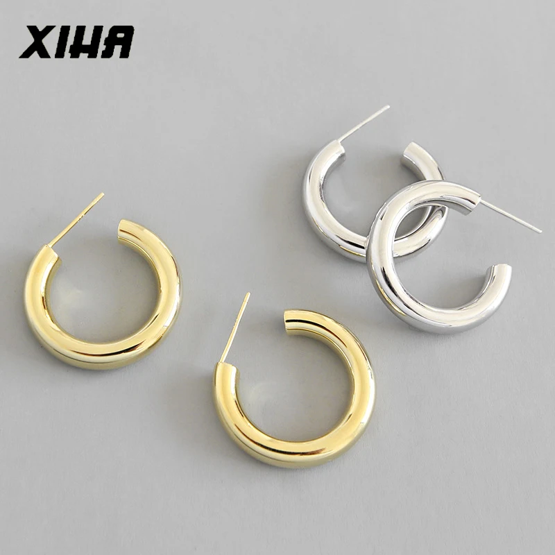 

XIHA Genuine 925 Sterling Silver Earring for Women C Cuff Simple Stud Earrings INS Cool Exaggerated Circle Minimalist Jewelry