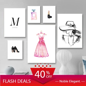 Online Mode Kunst Poster Rosa Kleid High Heels Mädchen Weihnachten Leinwand Druck Wand Malerei Schönheit Salon Mädchen Hause Dekoration Creativ