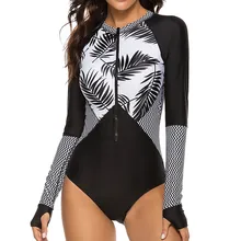 Bathing Suit Women Surf Swimsuit Long Sleeve Printed Plus Size Swimwear Women Zipper One Piece Rash Guard Diving Clothes  XXXL