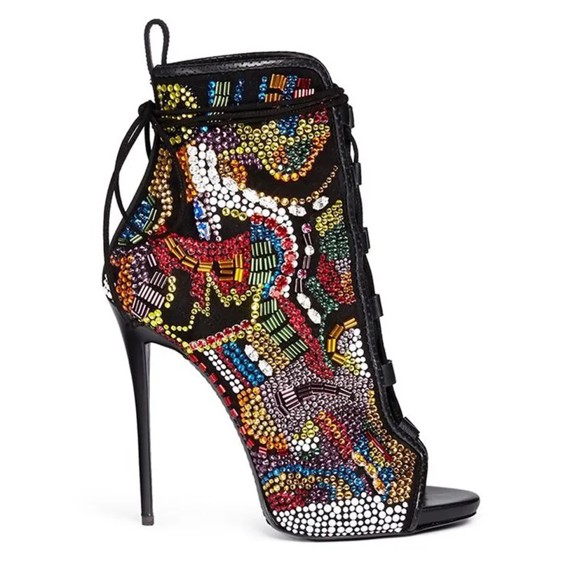 

Fashion Lace Up Rhinestone Womens Boots Luxury Designer High Heels Ankle Boots For Women Open Toe Gladiator Sandals Boots Woman