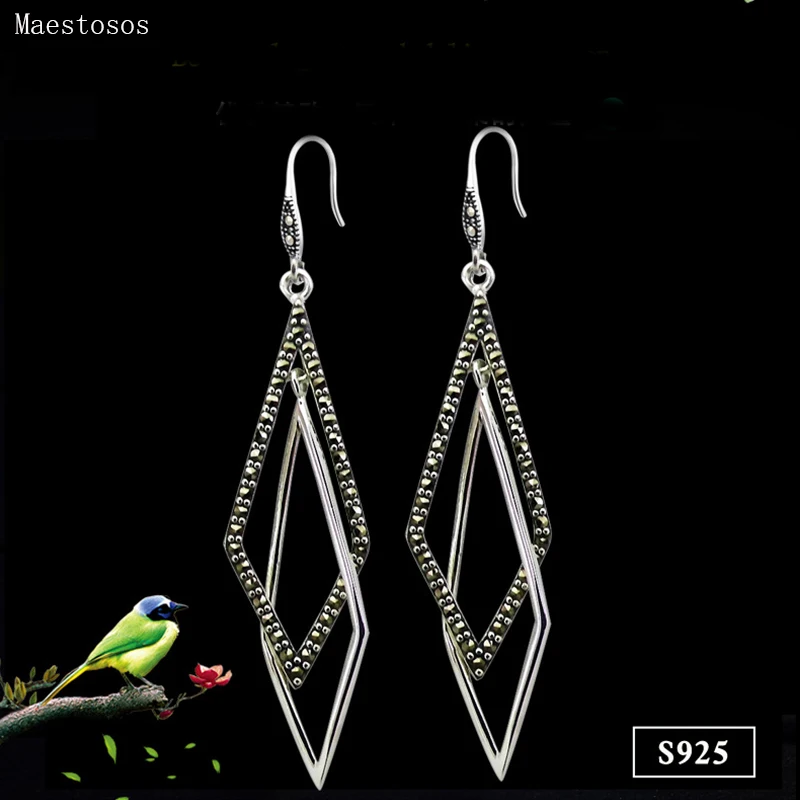 

Maestosos Silver Decoration 925 Silver Retro Rhomboid Exaggerated Long Earrings Female Antique Silver Earrings for Women Girl