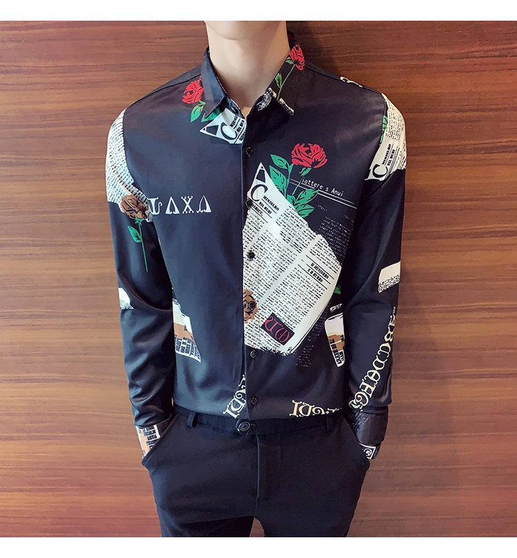 Rose Printing Men Shirt Fashion Long Sleeve Casual Slim Fit Shirts Men Dress Tuxedo Clothing Camisa Social Masculina