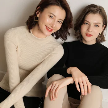 

2019 new Autumn Winter women's solid color short paragraph wild round neck sleeved pullover women's sweater cashmere shirt