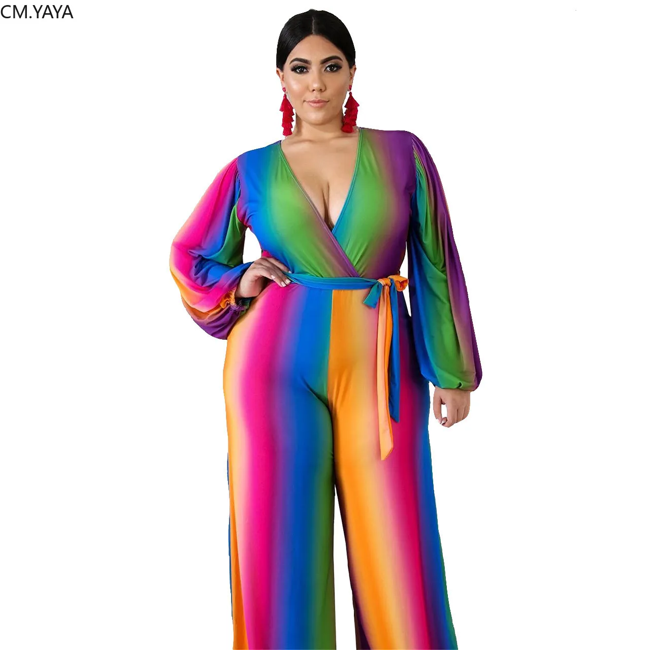 Размера плюс XL-4XL зимние Для женщин V образным вырезом Одна деталь длинный рукав полосатый принт пояса Bodycon Комбинезоны пикантные Клубные комбинезоны GL5081