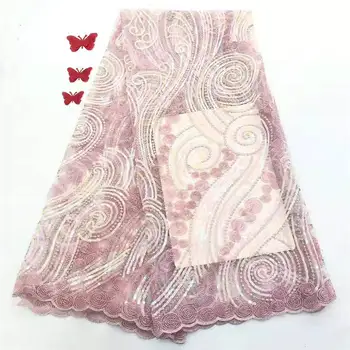 

Hot Sale Peach Lace Fabric With Sequins For Nigerian Wedding Dress African Lace 5Yards mbrodery French Lace Trim