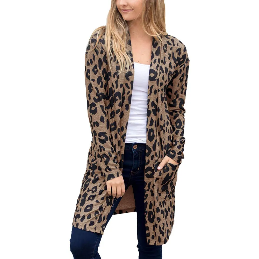 

2019 Autumn Long Sweater Casual Women Jumpers Warm Leopard Pattern Pockets Oversized Cardigans Ladies Wool Sweaters Coat