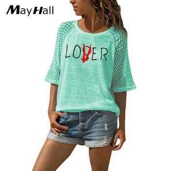 

Fashion Loser Or Lover Letters Print Lace Crew Neck TShirt T-Shirt For Women Harajuku Plus Size Tops Off The Shoulder Plus Size