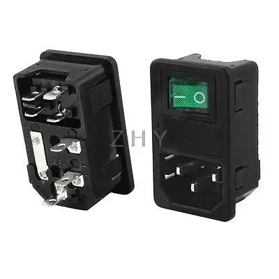 

AC250V 10A DPST Green Lamp Rocker Switch IEC320 C14 Inlet Socket w Fuse 2Pcs