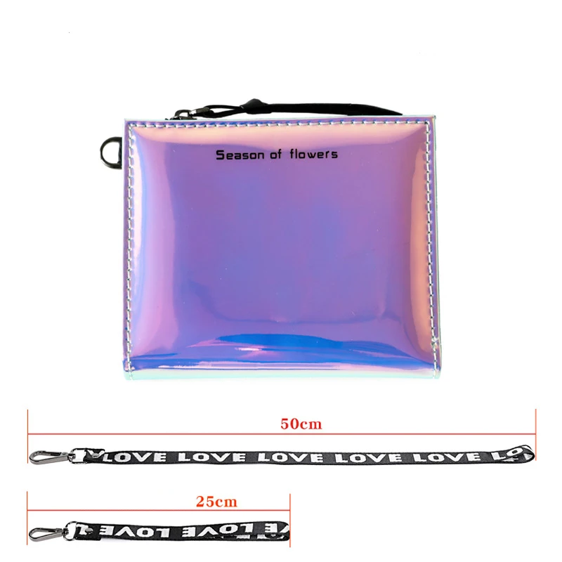 New Lanyard Laser Holographic Wallet Women Long Purse Female Clutch Bag Women Wallets Purses Zip Phone Pocket - Цвет: Short-Purple