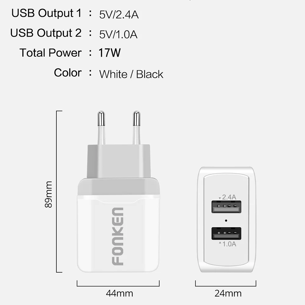 FONKEN Dual USB зарядное устройство для телефона 2 порта 5 в 3.4A телефон планшет универсальный настенный адаптер Смарт зарядное устройство для Samsung huawei Xiaomi