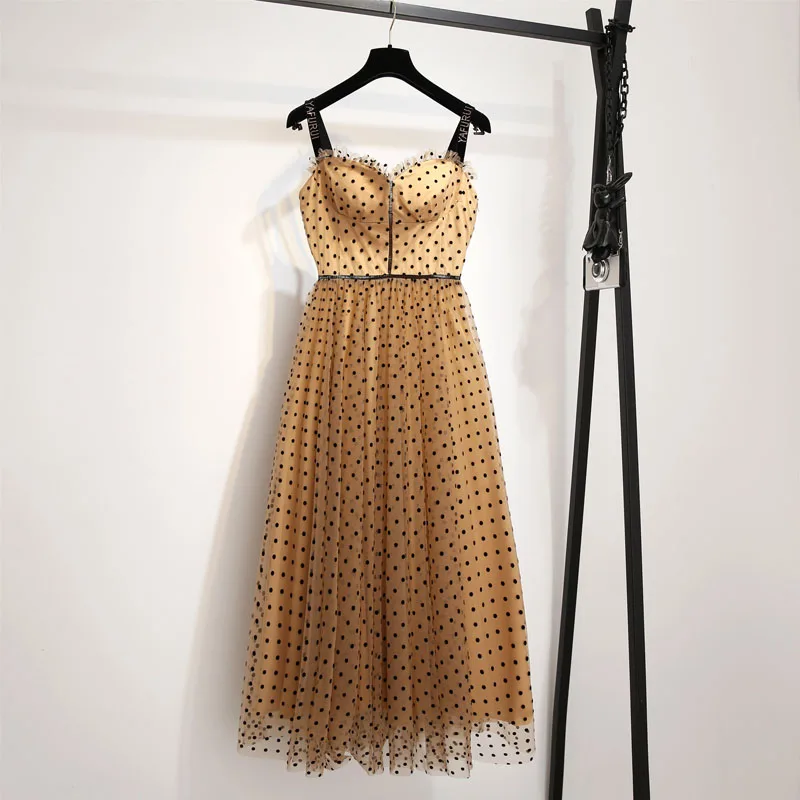 Платье в горошек на бретельках женское летнее модное платье без рукавов
