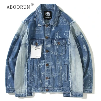 

ABOORUN 2020 Men's Oversized Denim Jackets Irregular Patchwork Printed Jackets Hip Hop Streetwear Coat for Male
