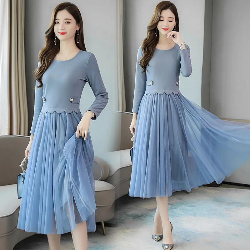 

2019 autumn and winter new slim mesh stitching long-sleeved dress large size M-2XL high quality elegant women's party vestidos