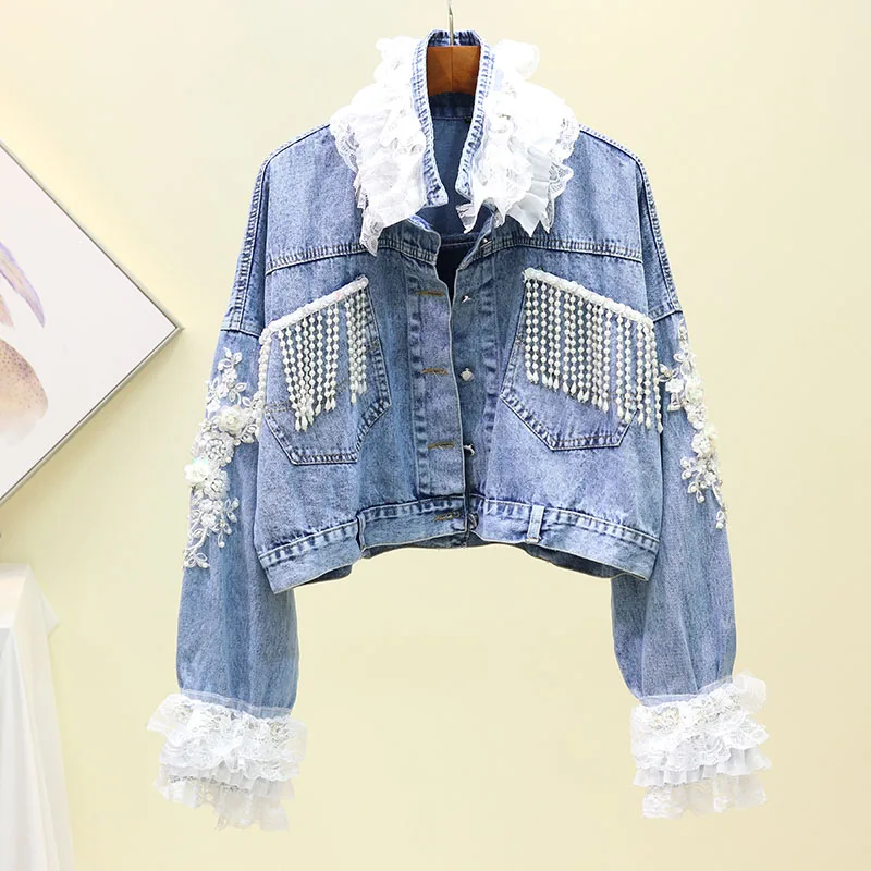

streetwear jean cropped denim jacket women korean style modish lace appliques beading tassel long sleeve autumn 2019 new arrival