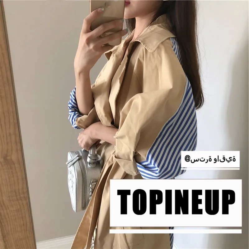 

2019 Spring Long Sleeve Tie-in Waist Windbreaker Retro Slim Khaki Casual Fashion Long Coat Female Chic Design
