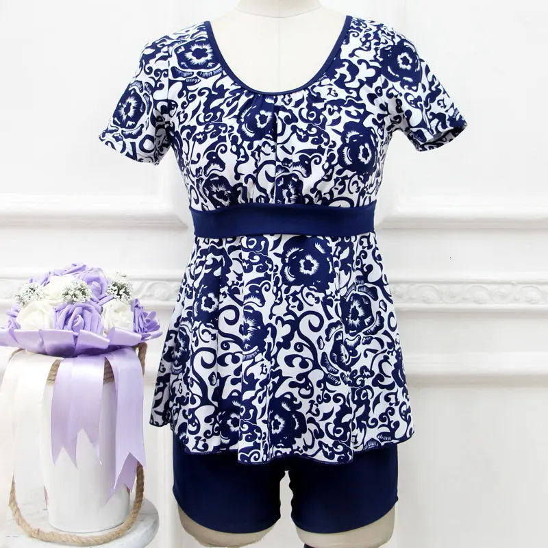 dark blue and white Two Pieces Swimsuit Female Plus Size Swimwear For Women Bathing Suit Sexy Print Beachwear XL,2XL,3XL, 4XL,5XL,6XL Swim Wear - Цвет: dark blue and white