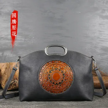 

Female Retro Genuine Leather Tote Bags Handbags Women Famous Brands Floral Shoulder Bag Ladies Embroidery Messenger Bags