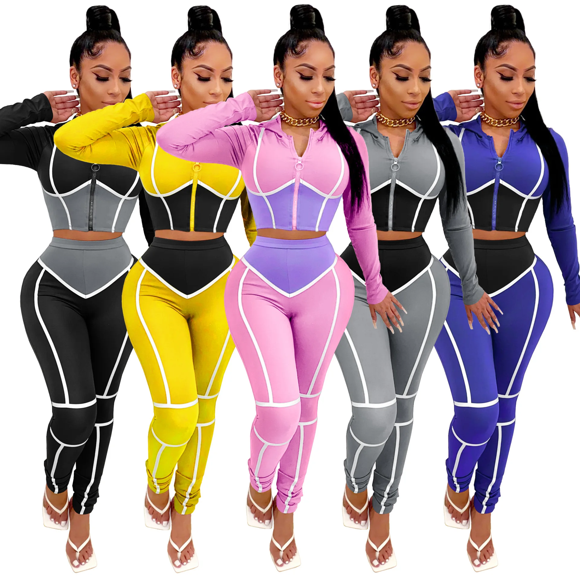 

Solid Two Piece Set Women Clothes 2020 Tracksuit Hooded Zipper Jacket Stacked Pants Casual Sportswear 2 Piece Outfit for Women