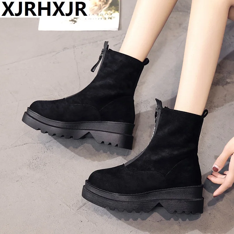 

Black Handsome Mid-calf Boots Fashion Thick Bottom Cow Suede Warm Cotton Shoes Womens Autumn Winter Motorcoycle Boots With Zip