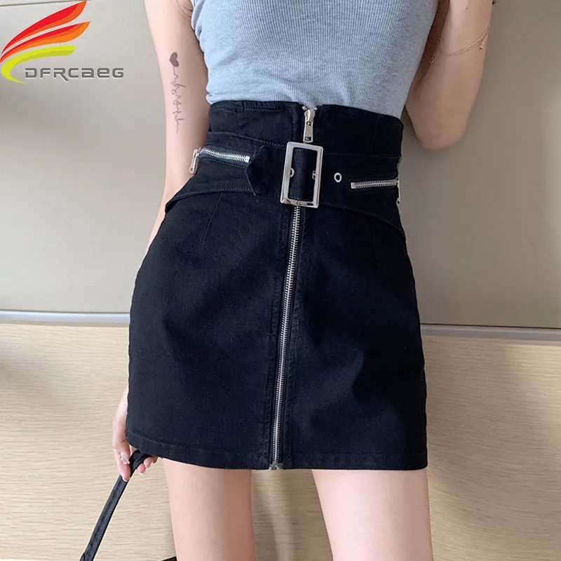 

Summer 2020 New High Waist A Line Skirt Mini Blue Or Black High Waist Zipper Up Sexy Denim Skirt Women With Belt Jeans Skirts