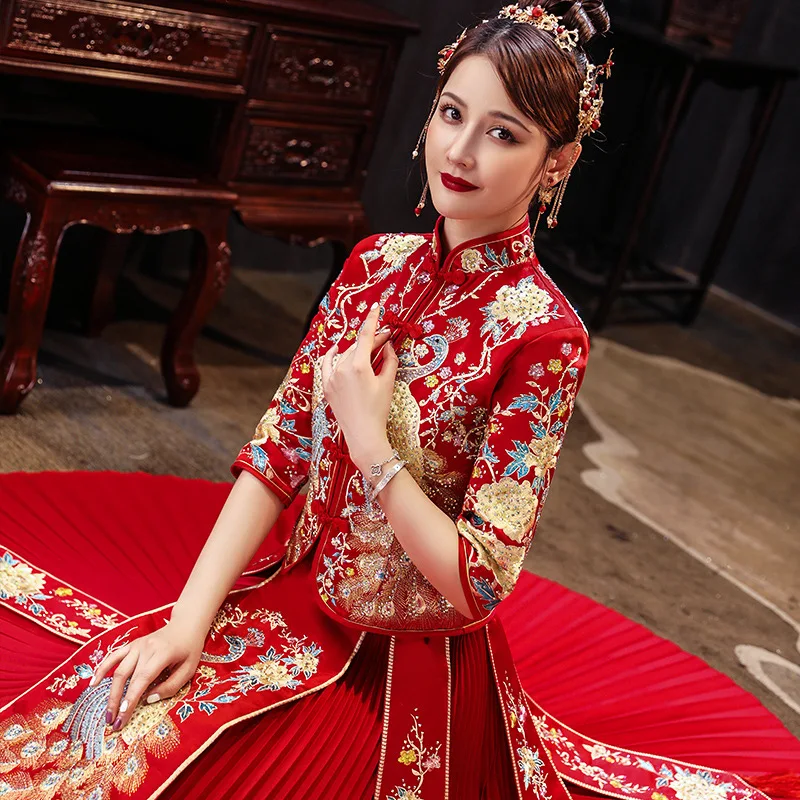 Red Gold Chinese Traditional Couple Wedding Dress Embroidery Long Cheongsam  Stylish Elegant Bride Vintage Китайская Одежда - Sets - AliExpress