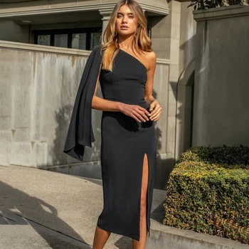 

2020 New Arrival Hollywood Celebrity Summer Fashion Sexy Front Split Women Black One Shoulder Cothes For Party Bandage Dress