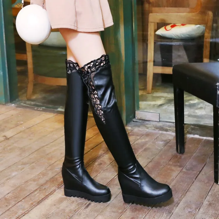 6_Womens Winter Korean Thick Crust Diamond Elegant Wedges Knee High Heeled Knight Boots Sale White Black