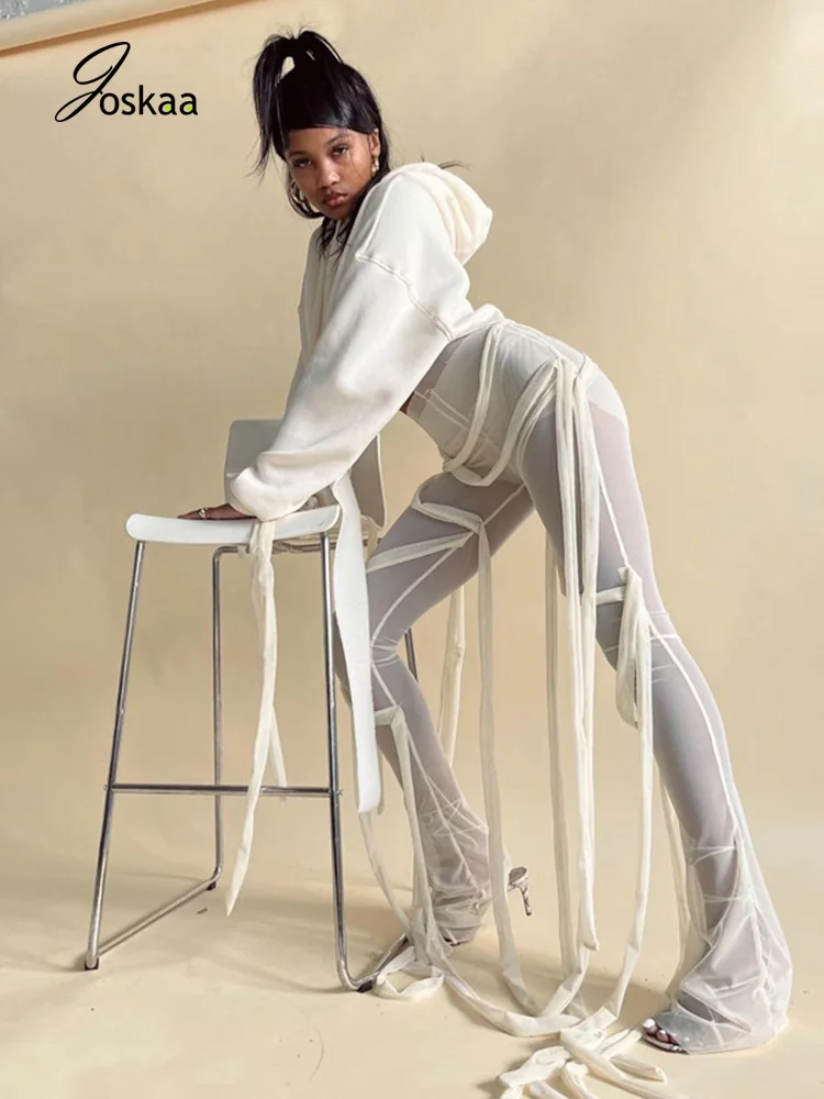

Joskaa Sexy 2020 Women Mesh See Through Lace Up Pants High Waist Solid Bandage Legging Autumn Trousers Female Party Clubwear