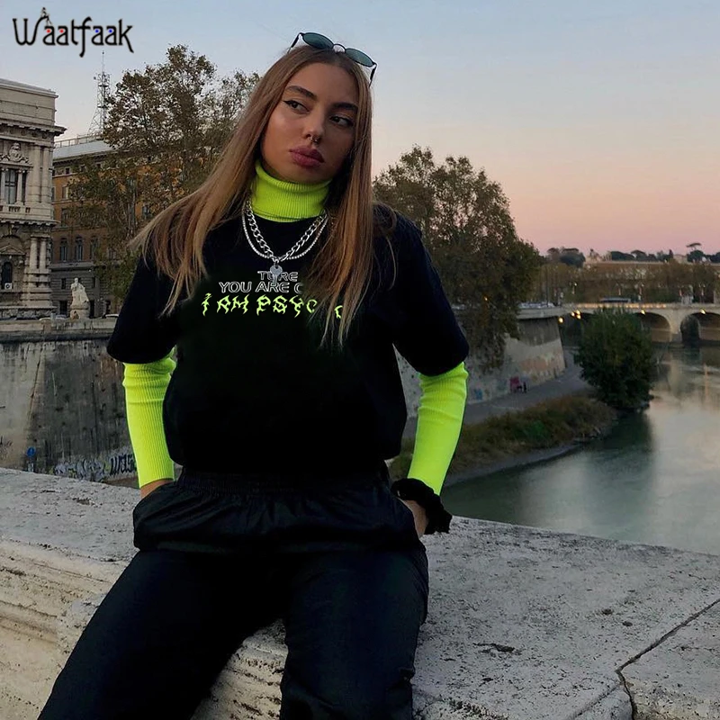 

Waatfaak Patchwork Korean Streetwear Women Hoodies 2019 High Neck Neon Long Sleeve Green Fashion Harajuku Hoodie Womens Winter