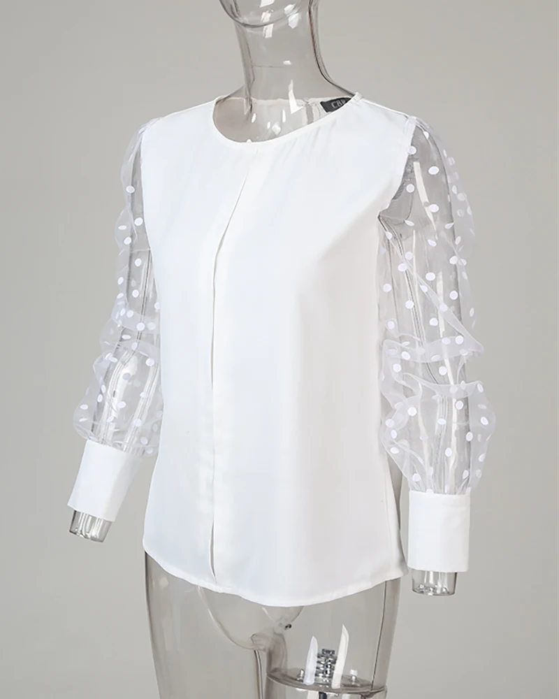 2020 Women Elegant Fashion Top Female Stylish Basic Solid Shirt Mesh Dot Popper Cuff Blouse - 4.00069E+12