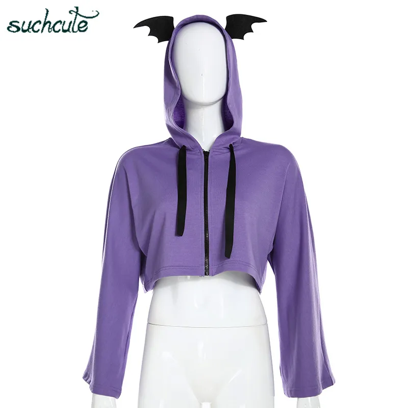 SUCHCUTE, милые женские толстовки с крыльями, шапка на молнии, Kawaii, осень, Longslive, готический стиль, уличная толстовка, женская панк Bluzy Damskie - Цвет: Фиолетовый