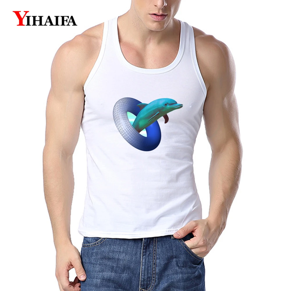 

YIHAIFA Mens Gym Clothing Tank Top Galaxy Dolphin Printed Bodybuilding Singlet Fitness Men Vest Sports Summer Undershirt