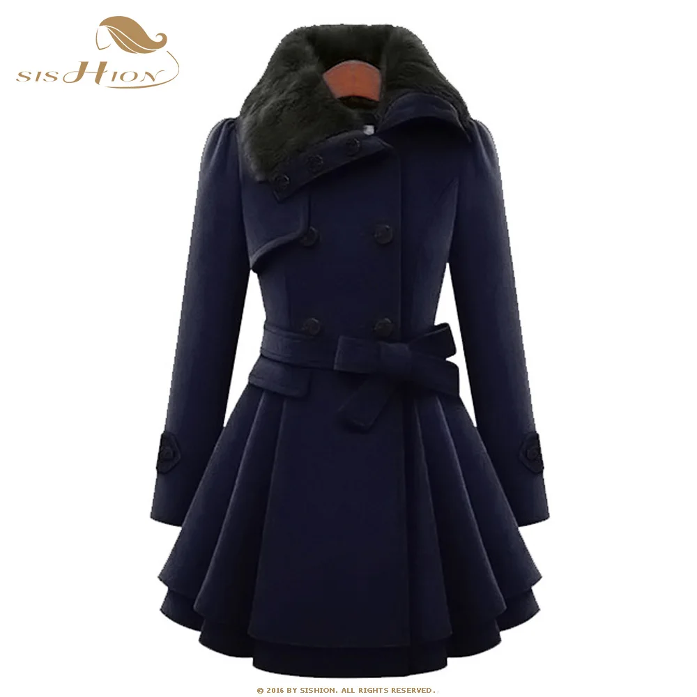 SISHION 4XL плюс размер черный красный женское винтажное пальто осень зима шерстяное пальто QY0322 двубортное Женское пальто с поясом