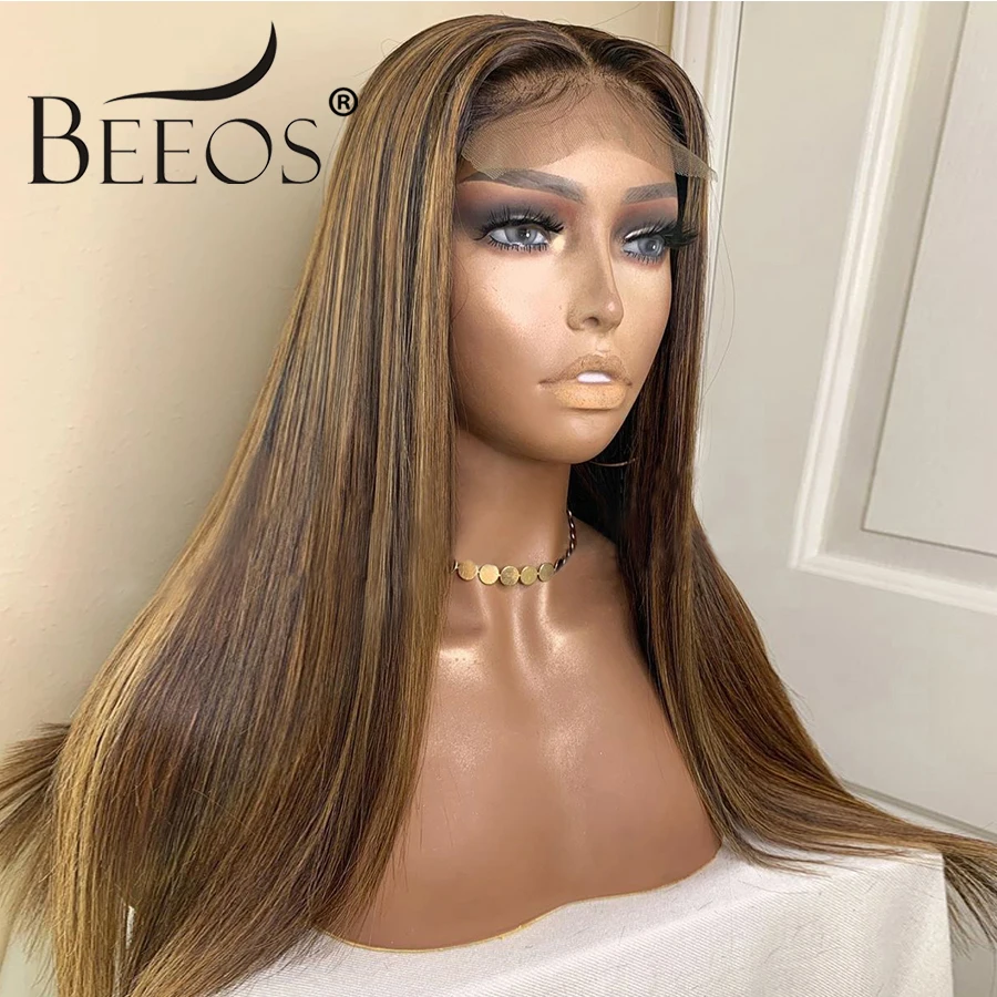 Beeos Straight Highlight Color 13*6 Deep Part Lace Front Human Hair Wig Pre Plucked High Ratio Bleached Knots Brazilian Remy