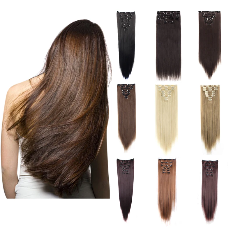 Lelinta 26" Straight Natural Black Mix Silver Grey Clip In Hair Extensions Thick Full Head Long 8 Pieces 18 Clips Soft Silky
